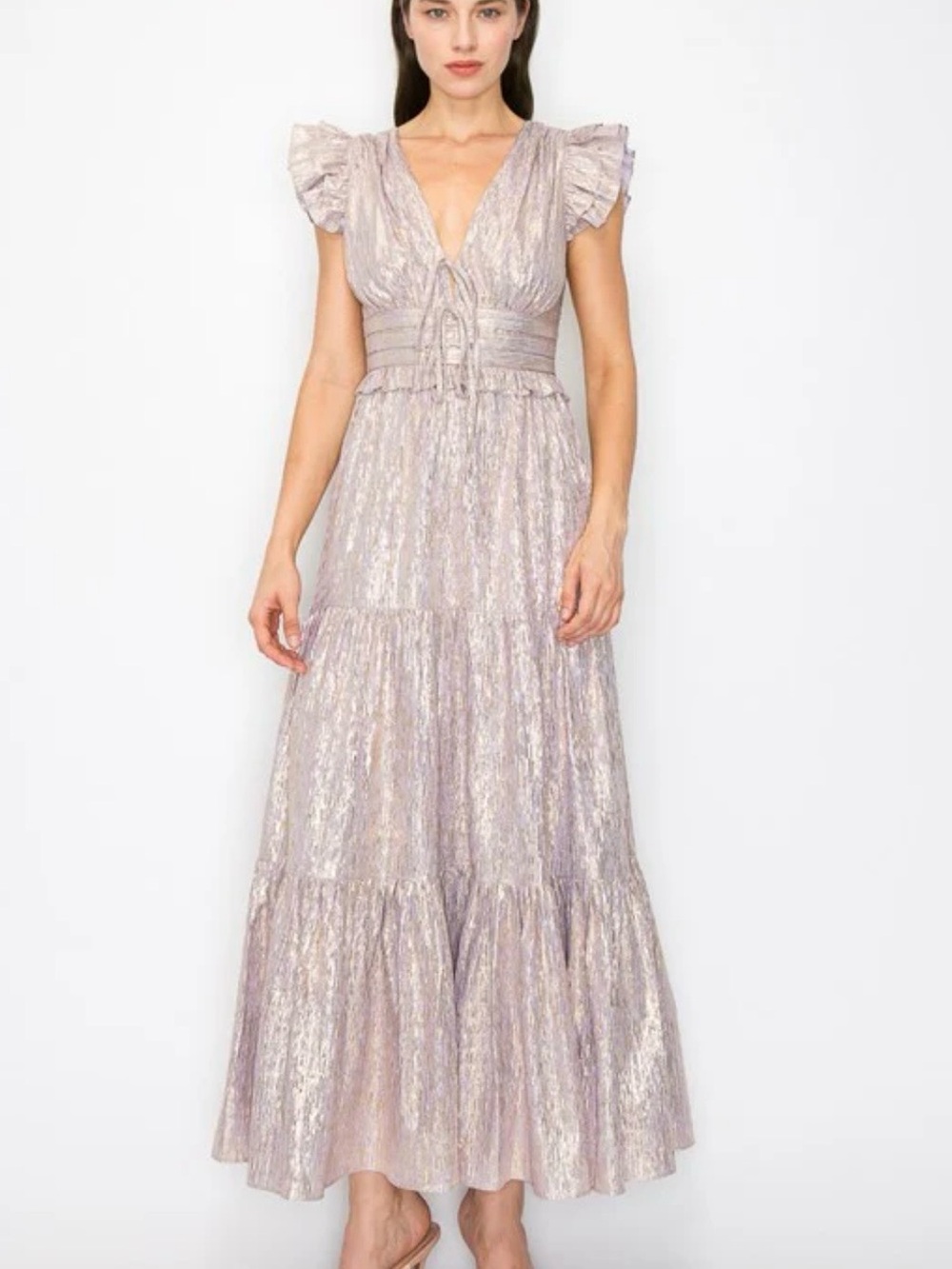 Ina Metallic Stripe ruffle layered fluttered sleeve lavender gold deep v-neck
